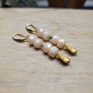 Handmade Pink Glass Gold Leaf Charm Dangle Earrings Faceted Rondelle